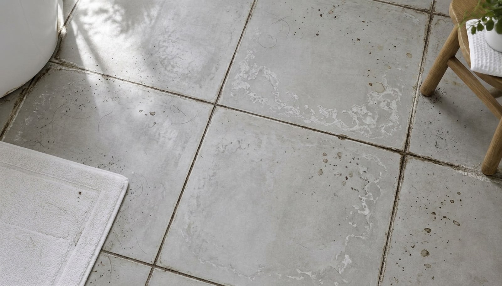 Bathroom tile floor cleaned with the SpinPro — Before